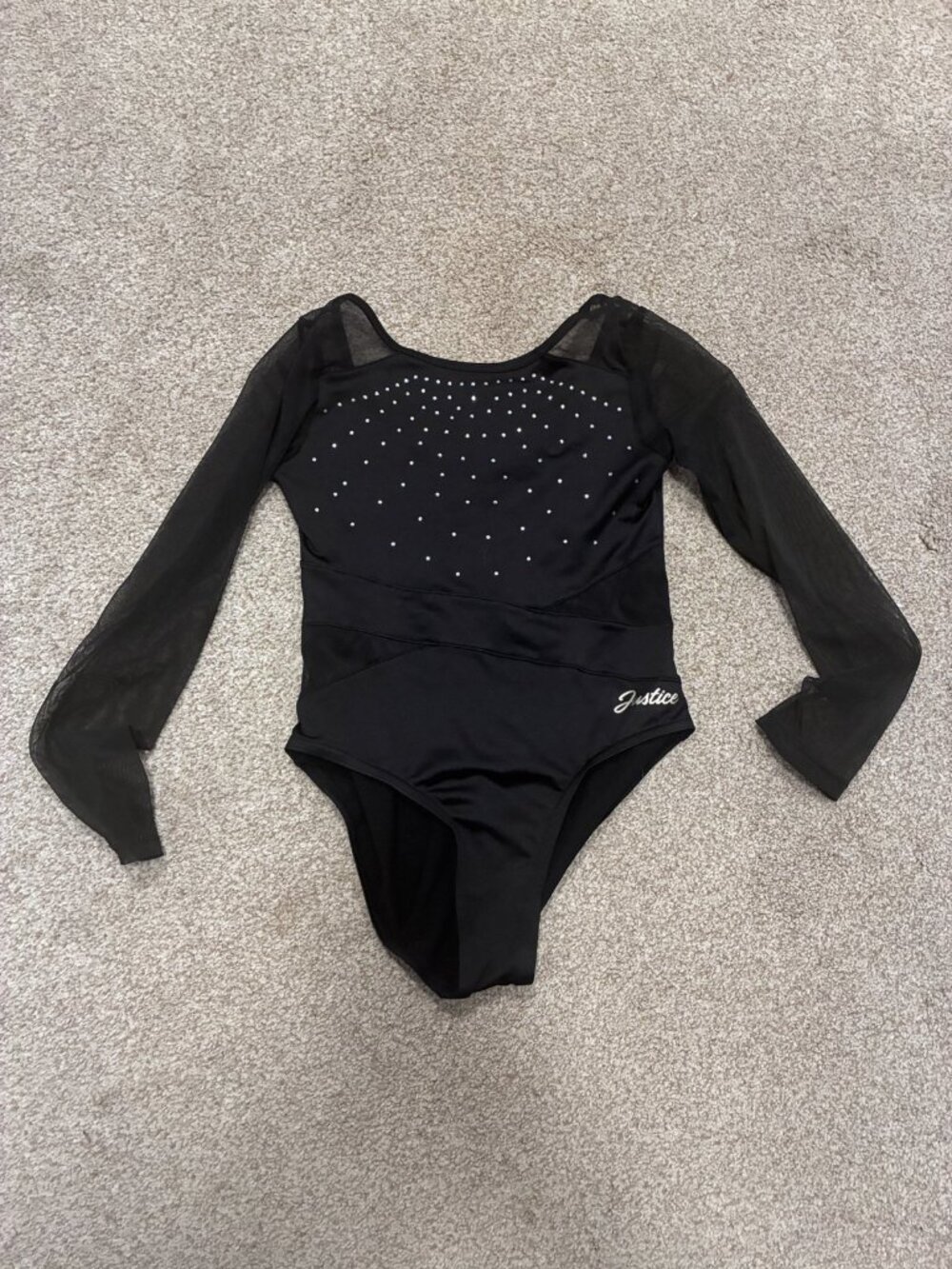 Justice Girls Black Rhinestone Mesh Sleeve Leotard Size 10